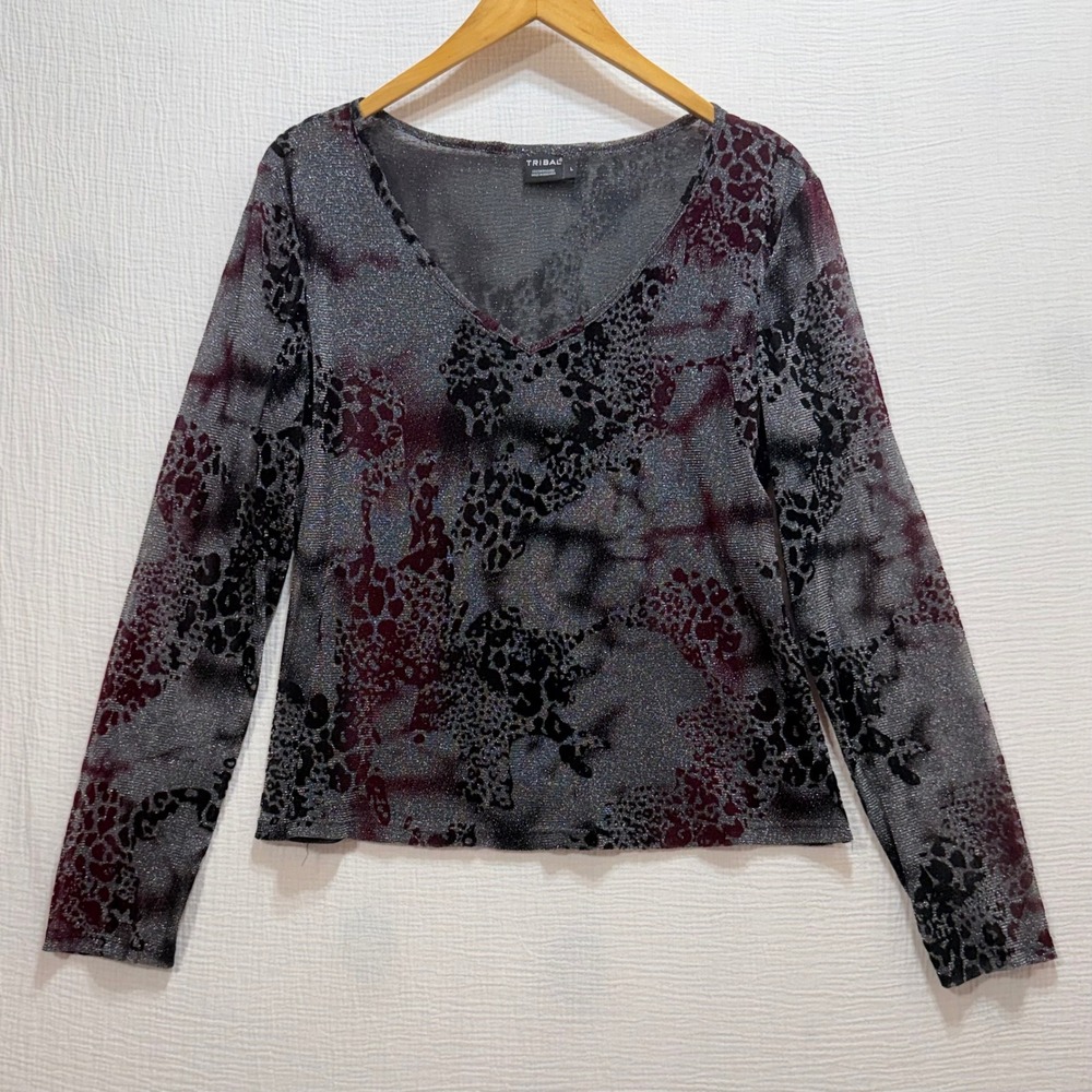 Tribal Mesh Top Womens Large Silver Black Burgundy Abstract Animal Print Y2K